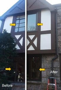 Tudor home before and after installation of beautiful, energy-efficient vinyl replacement casement windows